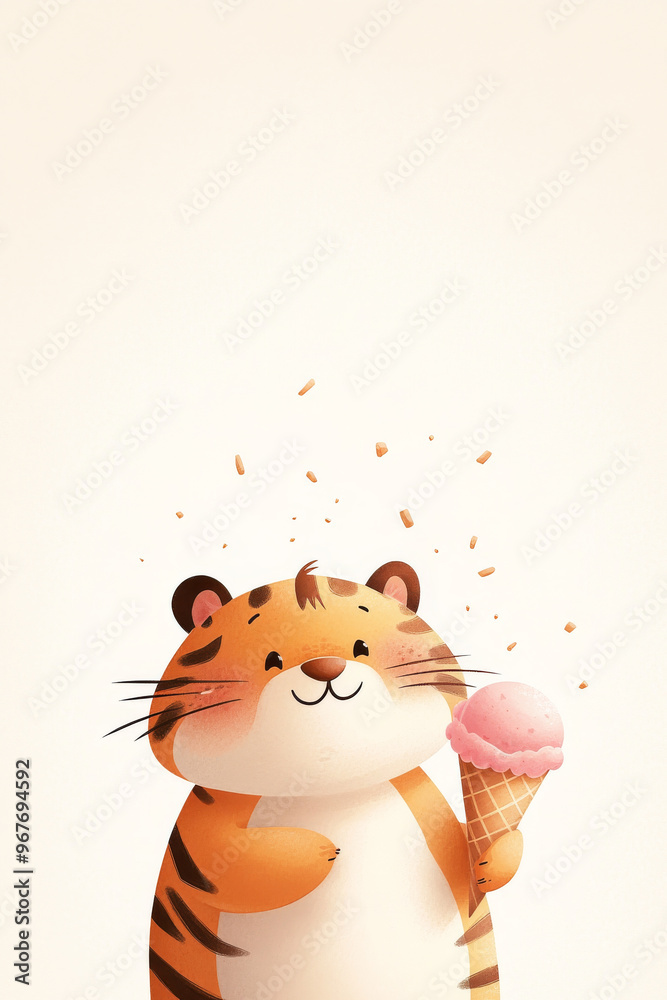 A cute tiger joyfully holding pink ice cream cone, surrounded by sprinkles, brings delightful and playful atmosphere. This charming scene captures essence of fun and sweetness A cute tiger joyfully holding pink ice cream cone, surrounded by sprinkles, brings delightful and playful atmosphere. This charming scene captures essence of fun and sweetness