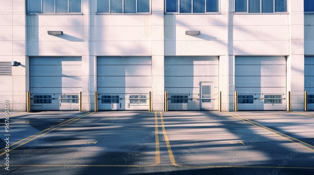 Industrial loading dock with closed bay doors, harsh sunlight casting long shadows on the concrete ground, creating a stark and clean architectural scene. Industrial loading dock with closed bay doors, harsh sunlight casting long shadows on the concrete ground, creating a stark and clean architectural scene.