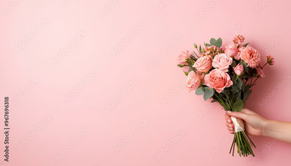 A hand holding beautiful fresh bouquet of pink roses and other flowers against soft pink background, conveying sense of joy and celebration A hand holding beautiful fresh bouquet of pink roses and other flowers against soft pink background, conveying sense of joy and celebration