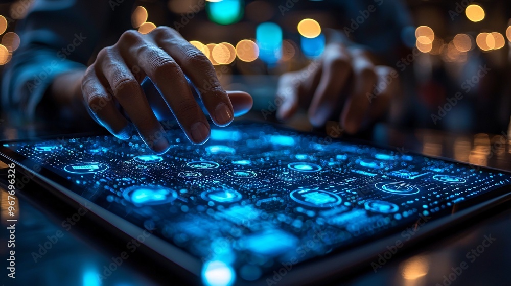 A businessman working on a tablet, updating project details and task completions via virtual icons. A businessman working on a tablet, updating project details and task completions via virtual icons.