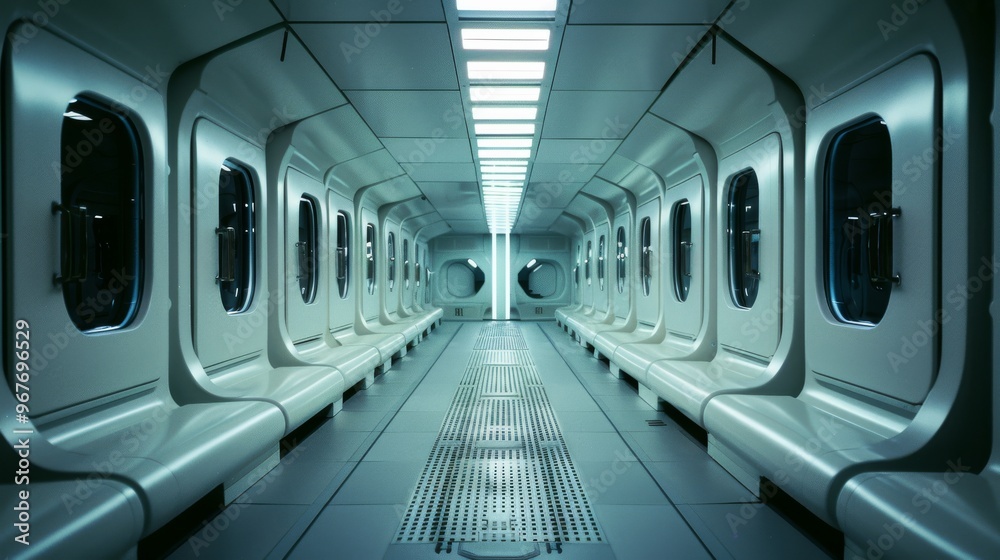 A futuristic, empty white hallway with sleek lines and round windows, showcasing a clean, modern design and tranquil atmosphere. A futuristic, empty white hallway with sleek lines and round windows, showcasing a clean, modern design and tranquil atmosphere.