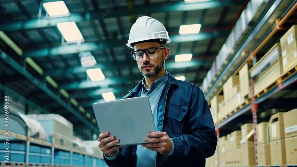 Engineer in the Hard Hat Walks work past Light Modern Factory Holding, using a Laptop, Successful, Handsome Man in Modern Industry Engineer in the Hard Hat Walks work past Light Modern Factory Holding, using a Laptop, Successful, Handsome Man in Modern Industry