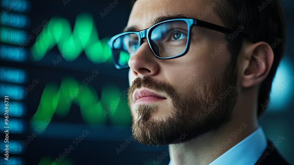 Focused businessman analyzing data trends with digital screens in background, reflecting modern finance and technology spirit. Focused businessman analyzing data trends with digital screens in background, reflecting modern finance and technology spirit.