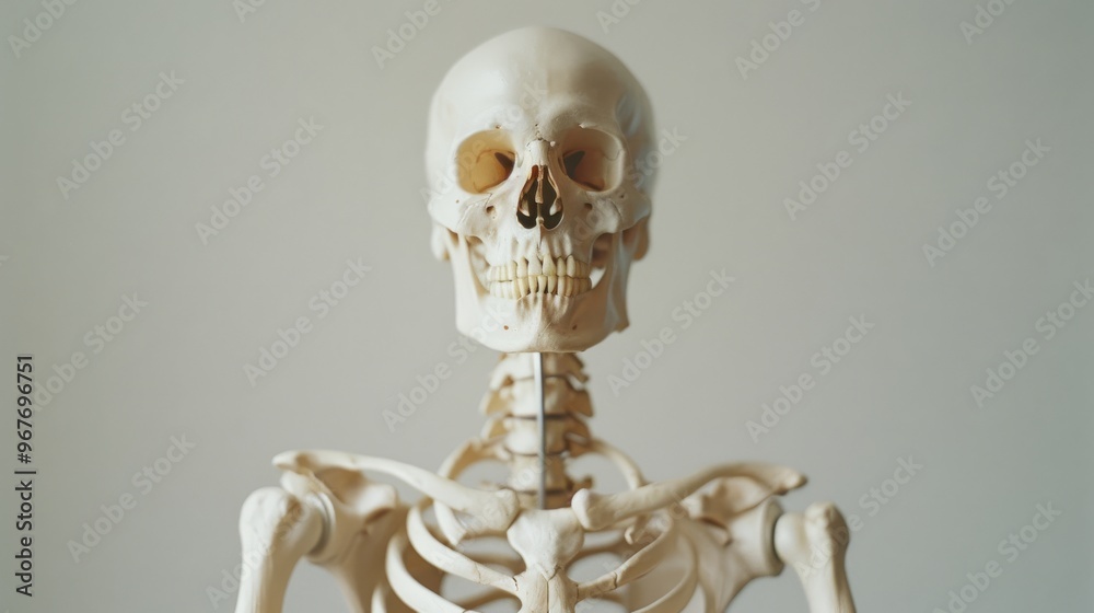 A realistic human skeleton model stands against a neutral background, showcasing detailed bones and structure, perfect for educational purposes. A realistic human skeleton model stands against a neutral background, showcasing detailed bones and structure, perfect for educational purposes.