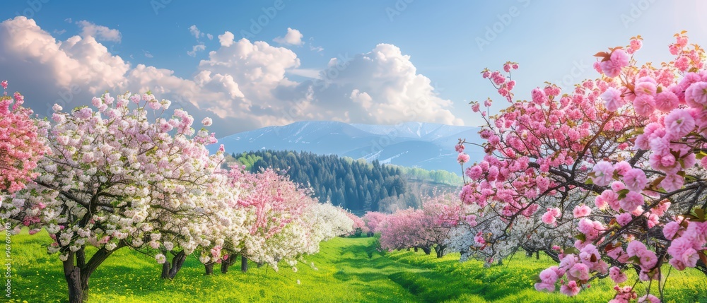 A serene spring landscape featuring blooming cherry trees, vibrant flowers, and distant mountains under a bright blue sky. A serene spring landscape featuring blooming cherry trees, vibrant flowers, and distant mountains under a bright blue sky.