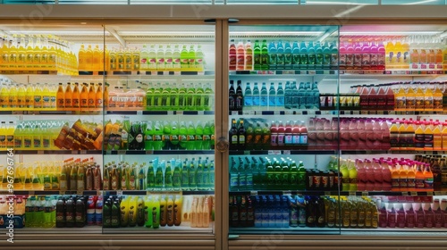 Wallpaper Mural A vibrant array of colorful bottles neatly arranged in a store's refrigerated display case, showcasing a vivid spectrum of beverages. Torontodigital.ca