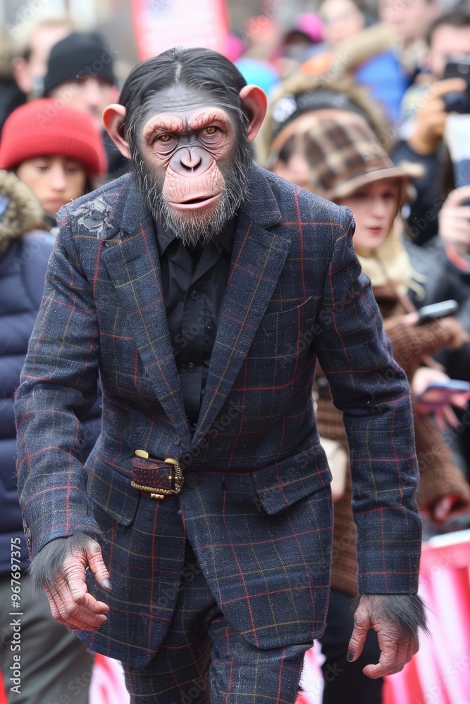 Chimpanzee in Tailored Suit Navigates Crowd with Confidence and Style, Projecting Sophistication. Chimpanzee in Tailored Suit Navigates Crowd with Confidence and Style, Projecting Sophistication.