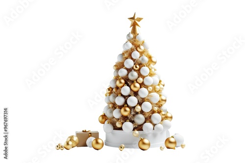 White and Golden Decorative Merry Christmas Tree Isolated on Png Background. photo