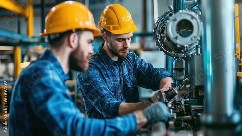 Engineer and technician assembling complex machinery or equipment in a workshop