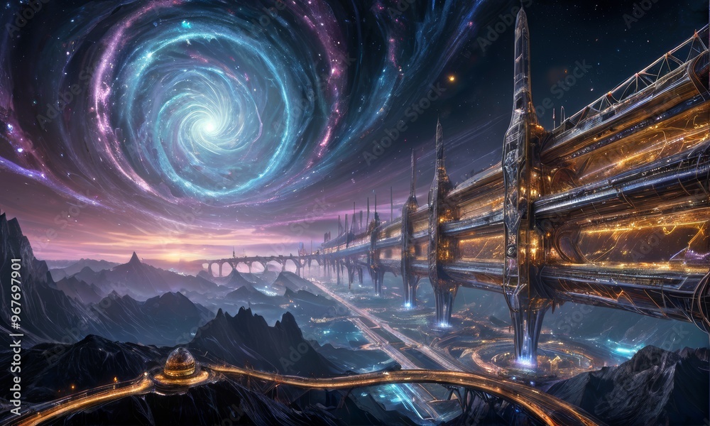 Futuristic Alien City Under Cosmic Vortex