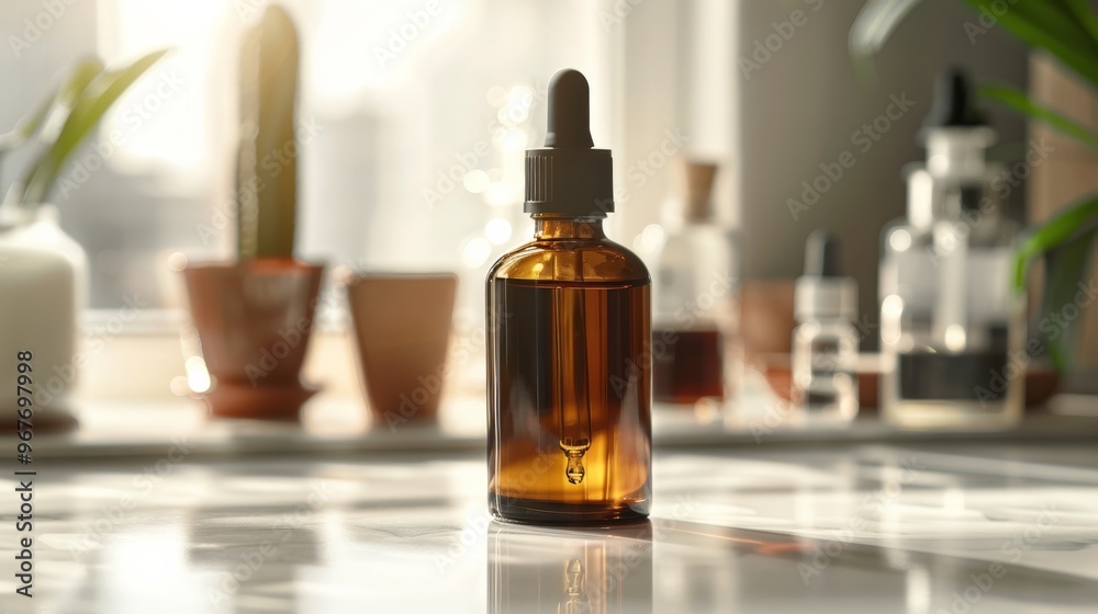 An amber-colored glass bottle with a dropper, placed on a sunlit surface, covered by blur houseplants, evoking a serene apothecary vibe and natural wellness. An amber-colored glass bottle with a dropper, placed on a sunlit surface, covered by blur houseplants, evoking a serene apothecary vibe and natural wellness.