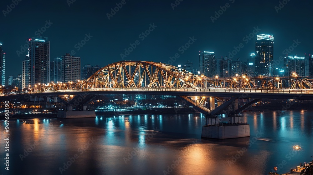 Naklejka premium Illuminated city bridge at night over a calm river with city skyline in the background