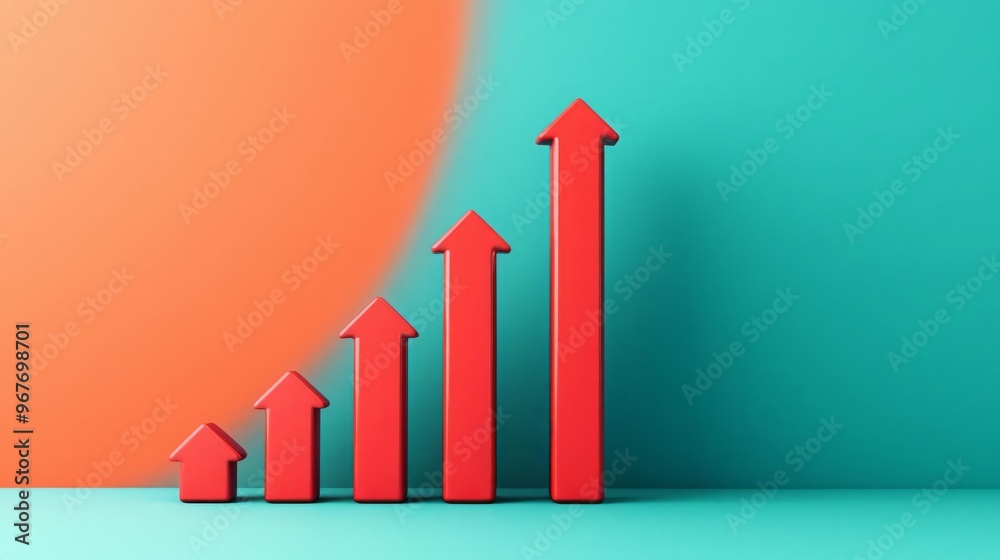 A vibrant red arrow graph on a colorful background representing growth and progress in business or finance. A vibrant red arrow graph on a colorful background representing growth and progress in business or finance.