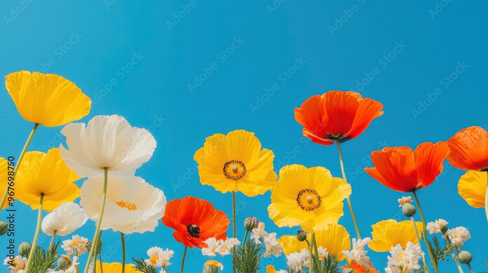Obraz premium Colorful Poppy Flowers Against a Bright Blue Sky