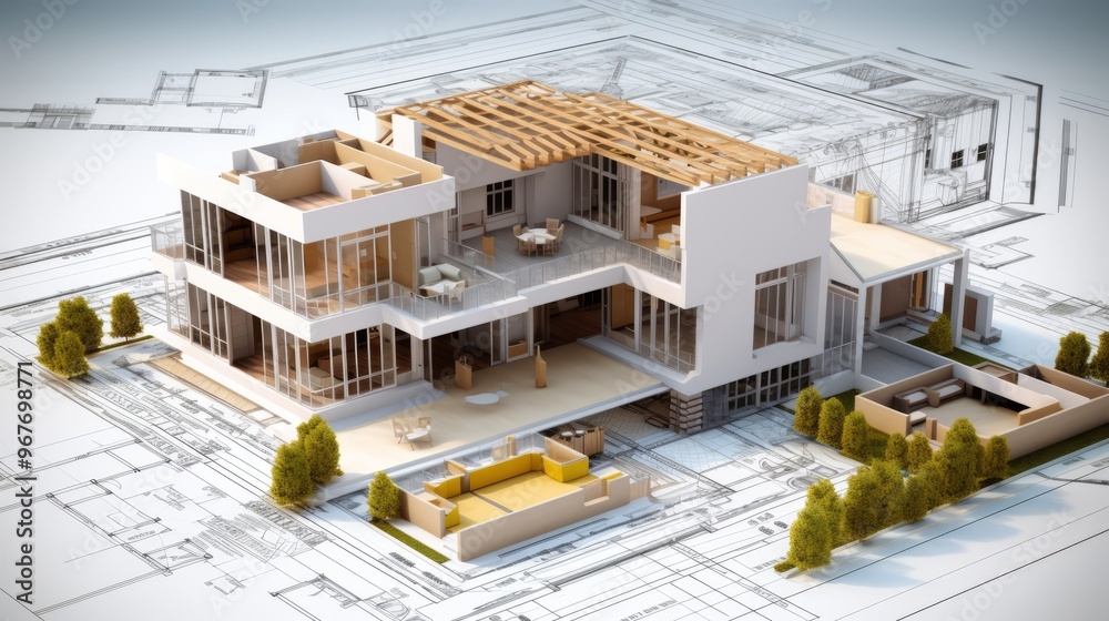 Fototapeta premium vision of architecture of a 3d model house project with blueprint