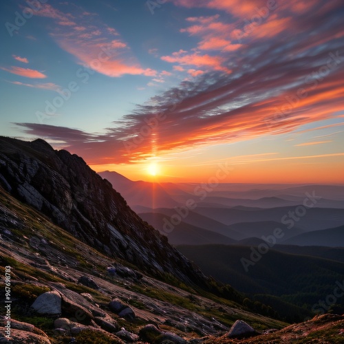 Breathtaking Sunset Over Snow-Capped Mountain Peaks and Forests..