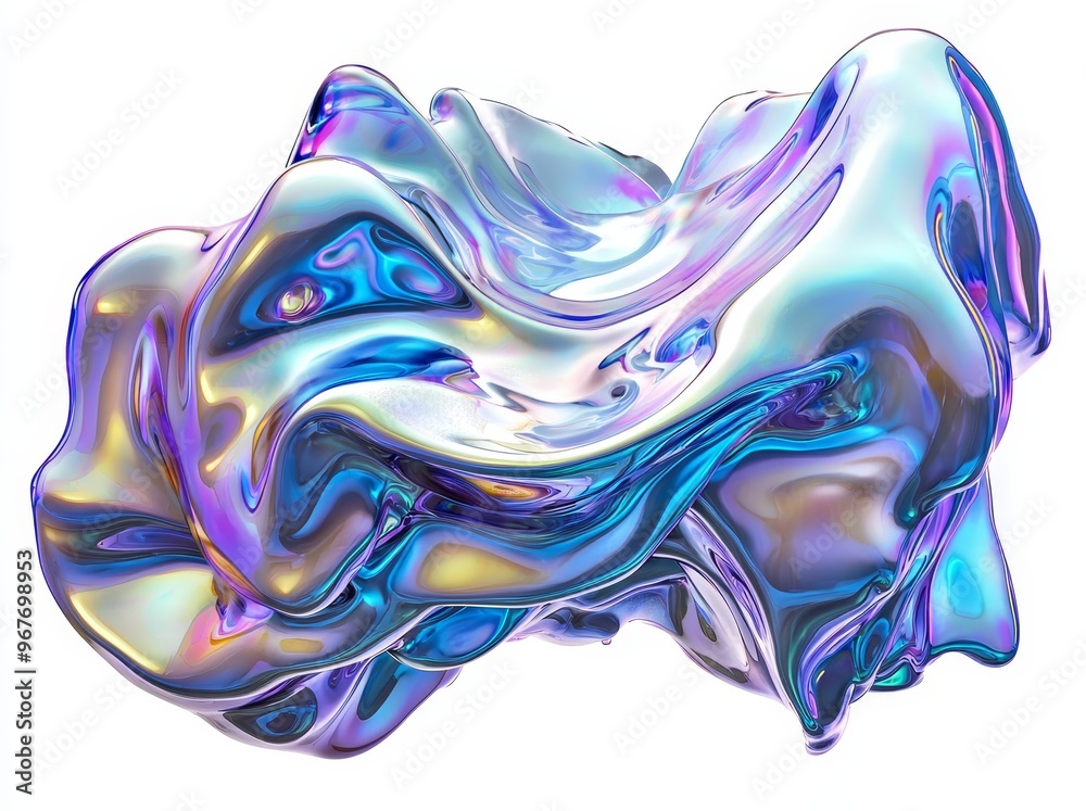 Obraz premium A 3D purple chrome metal organic fluid shape. An abstract liquid mercury metallic icon. A 3D rendering aluminum gradient shape design element. A brutalist. 3D Illustration.