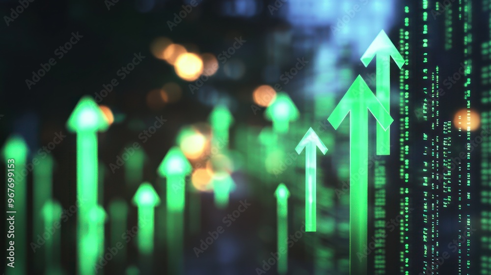 Green Upward Arrows on a Digital Background Green Upward Arrows on a Digital Background