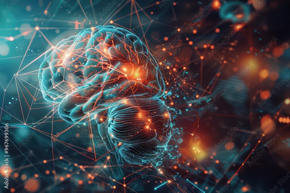 Obraz premium A vibrant digital illustration of a human brain intertwined with neural connections and glowing elements, symbolizing intelligence.