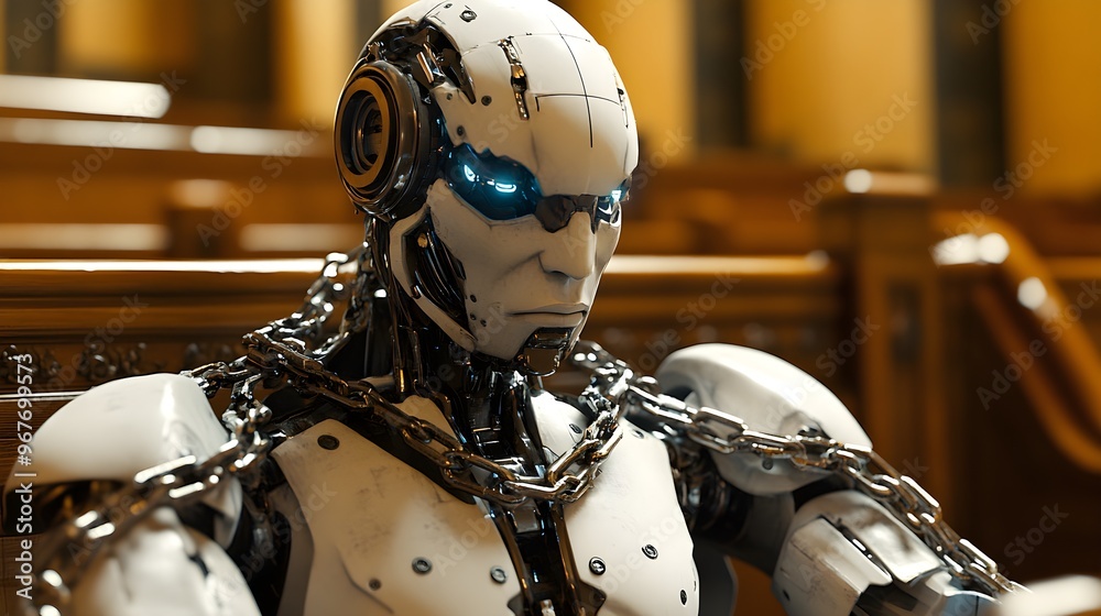 Fototapeta premium Robotic AI humanoid, shackled by chains, appearing before a judge in a court setting, representing the struggle for AI's legal rights and responsibilities copy space courtroom drama theme dynamic Fusi
