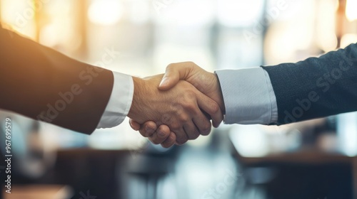 Handshake between two professionals in a meeting room, symbolizing mutual acknowledgment and agreement