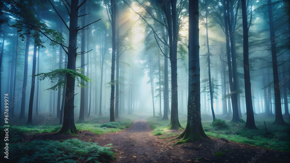 Fototapeta premium A mysterious forest filled with fog and shadows, mystery, unknown, eerie, uncertainty, discovery, darkness, spooky