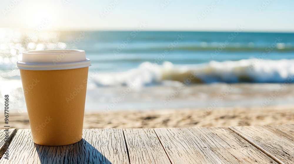 Disposable coffee cup resting on a wooden table with blurred ocean waves and sandy beach in the background on a sunny day Disposable coffee cup resting on a wooden table with blurred ocean waves and sandy beach in the background on a sunny day