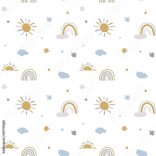 Vector seamless pattern. Cute Rainbow, Sun and Clouds on white background. Baby pattern on white background in boho style. EPS10 vector illustration