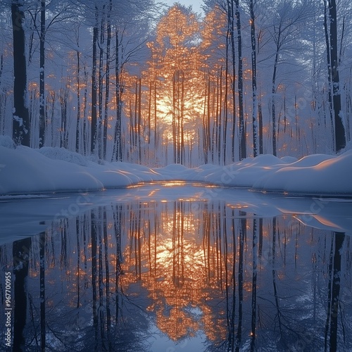 A stunning kaleidoscopic and symmetric winter scene, capturing a snow-covered forest with the sun reflecting on a frozen river, creating a peaceful and serene atmosphere.






 photo