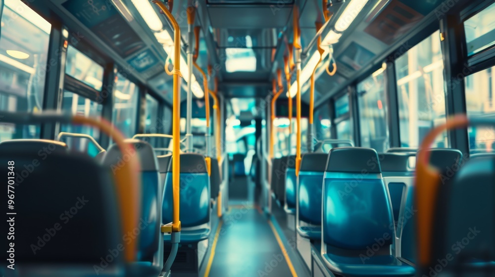 Obraz premium An empty city bus interior with rows of seats and handrails, creating a serene and somewhat lonely atmosphere.