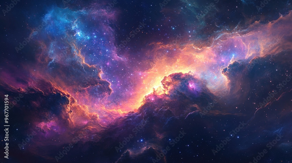 Fototapeta premium Cosmic nebula with vibrant colors and glowing stars, creating a stunning space vista.