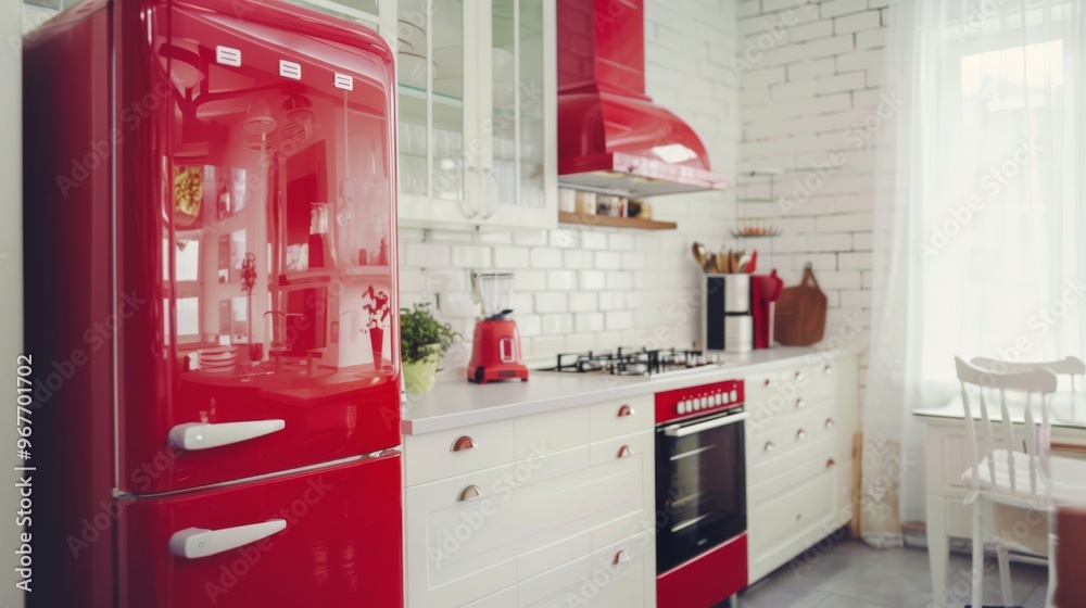 The kitchen exudes a nostalgic charm with its bright red vintage refrigerator and matching appliances, set against crisp white cabinetry and walls. The kitchen exudes a nostalgic charm with its bright red vintage refrigerator and matching appliances, set against crisp white cabinetry and walls.