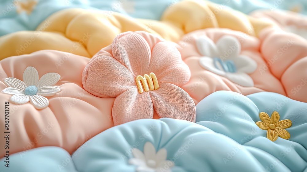 A close-up view of a pastel quilt showcasing vibrant flowers and intricate stitching, perfect for cozy home decor and textile design. A close-up view of a pastel quilt showcasing vibrant flowers and intricate stitching, perfect for cozy home decor and textile design.