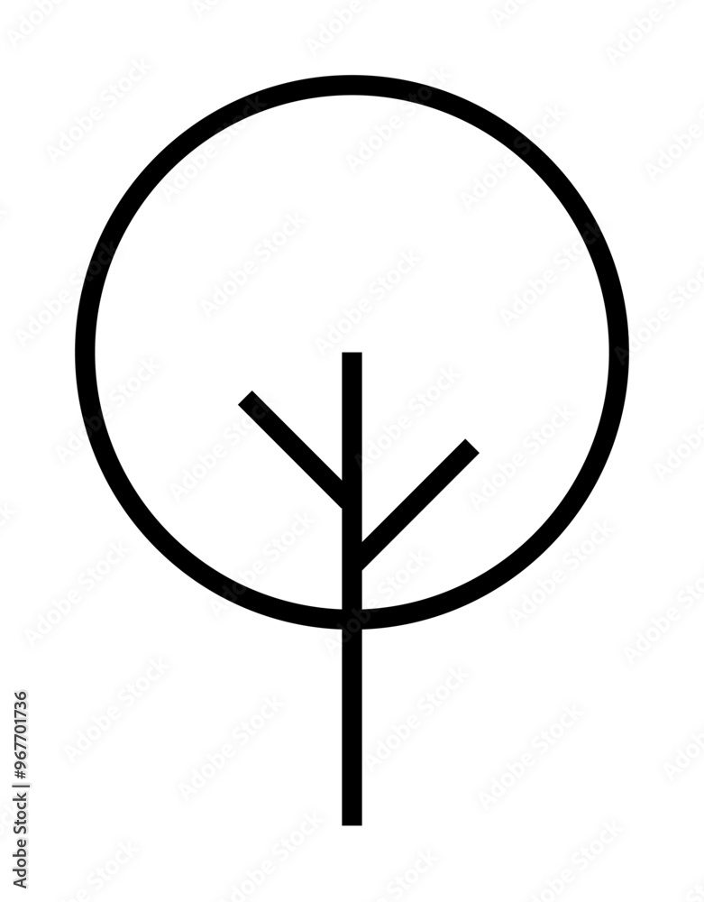 Minimalist representation of a tree with a circular crown and linear branches, enclosed within a black circle. Ideal for sustainability, nature, minimalism, ecology, and environmental logos. Simple