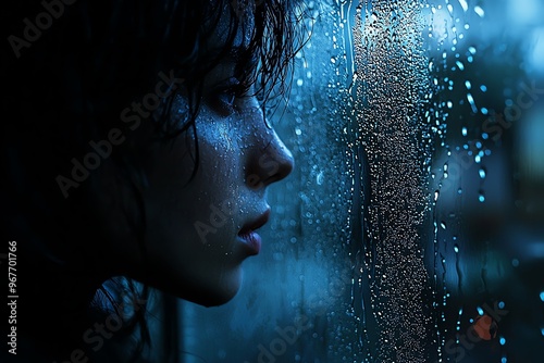 A contemplative figure gazes out of a rain-streaked window, capturing the mood of solitude and reflection in a serene atmosphere.