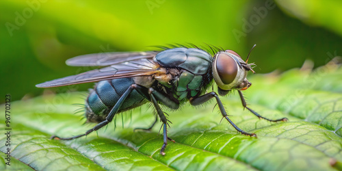 Macro close-up of black fly resting on green leaf, black fly, insect, close-up, macro, green leaf, nature, wildlife, bug, small