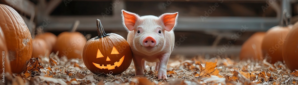 Fototapeta premium A cute pig stands beside a carved pumpkin on a farm, surrounded by autumn leaves, reflecting the cozy spirit of fall.