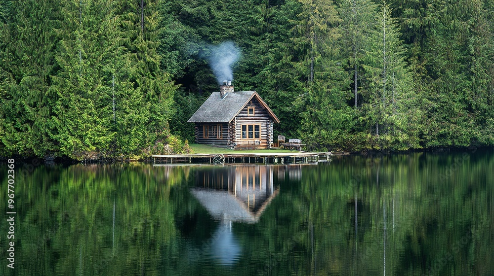 Charming log cabin surrounded by lush greenery reflecting in still lake ...
