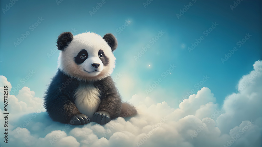 Fototapeta premium Little panda sitting peacefully on a fluffy cloud, panda, animal, cute, sitting, peaceful, fluffy, cloud, sky, dreamy