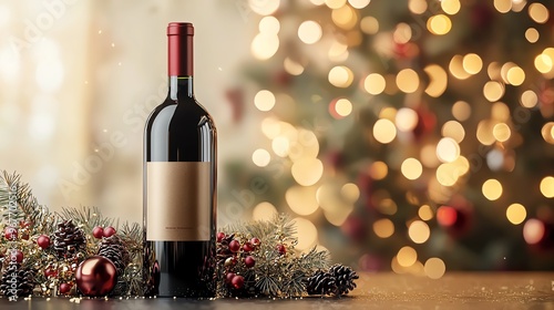 A festive red wine bottle adorned with holiday decorations, perfect for celebrating Christmas and New Year's gatherings.