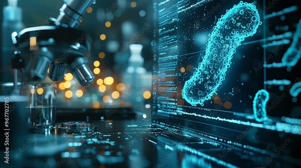 Fototapeta premium A futuristic microscope image showcasing digital bacteria visualization and high-tech analysis in a research lab environment.