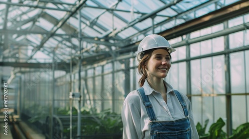 A female horticulturist sporting a white hard hat smiles, standing confidently in a vibrant greenhouse filled with lush plants under bright sunlight.