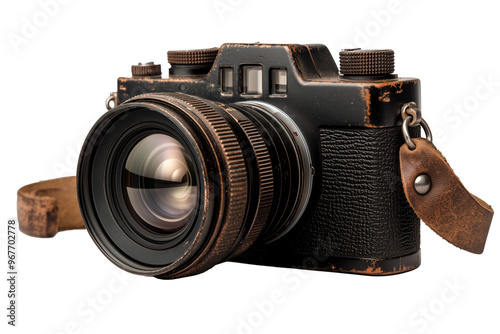 Close-up of a vintage-style black camera featuring a worn leather strap and a large lens. 