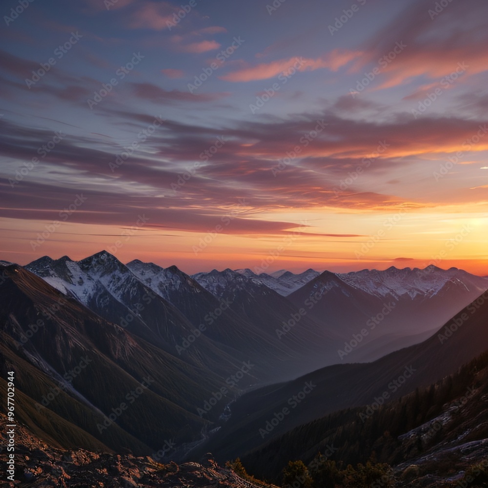 Fototapeta premium Breathtaking Sunset Over Snow-Capped Mountain Peaks and Forests..