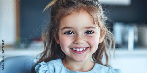 A smiling child girl sits in a medical office on a couch for an examination.