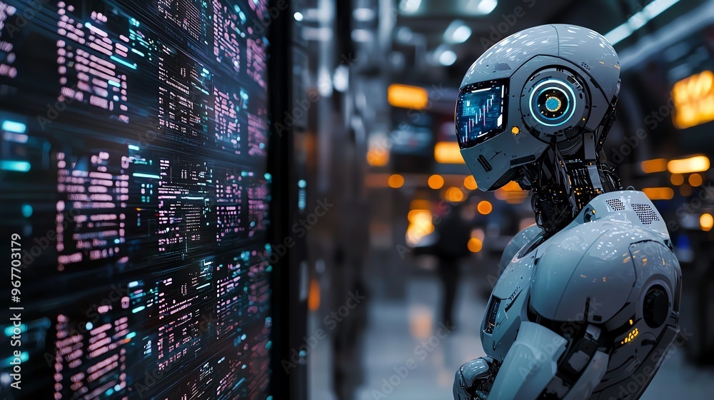 A futuristic robot interacts with advanced technology in a high-tech environment, showcasing innovation and artificial intelligence. A futuristic robot interacts with advanced technology in a high-tech environment, showcasing innovation and artificial intelligence.