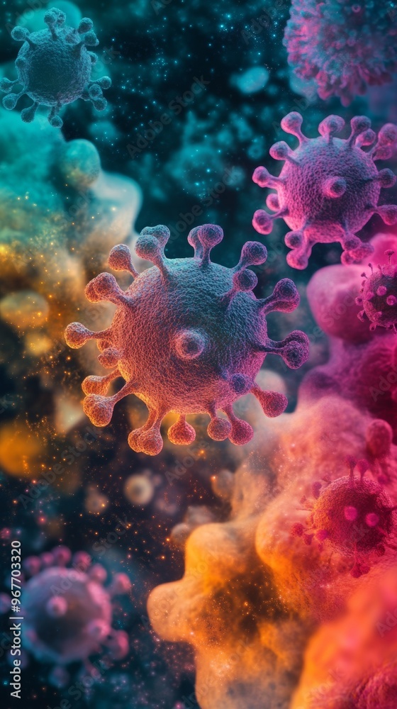Microscopic view of colorful virus cells in space, digital illustration. Healthcare and microbiology concept Microscopic view of colorful virus cells in space, digital illustration. Healthcare and microbiology concept