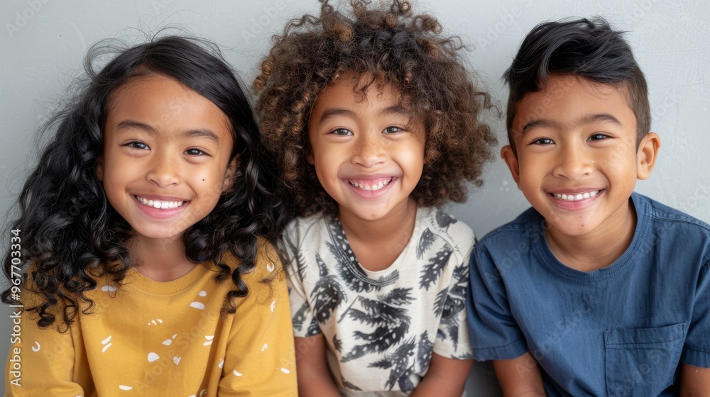 Three children with vibrant smiles sit side by side, radiating happiness, friendship, and youthful energy against a simple gray background. Three children with vibrant smiles sit side by side, radiating happiness, friendship, and youthful energy against a simple gray background.