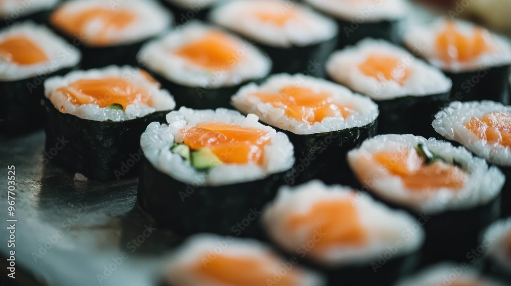 A close-up view of sushi rolls featuring salmon and cucumber. A close-up view of sushi rolls featuring salmon and cucumber.