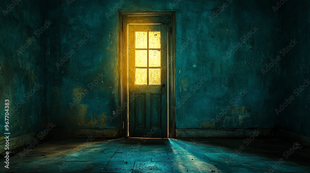 A mysterious room with a wooden door illuminated by soft light, creating an intriguing atmosphere of exploration and discovery. A mysterious room with a wooden door illuminated by soft light, creating an intriguing atmosphere of exploration and discovery.